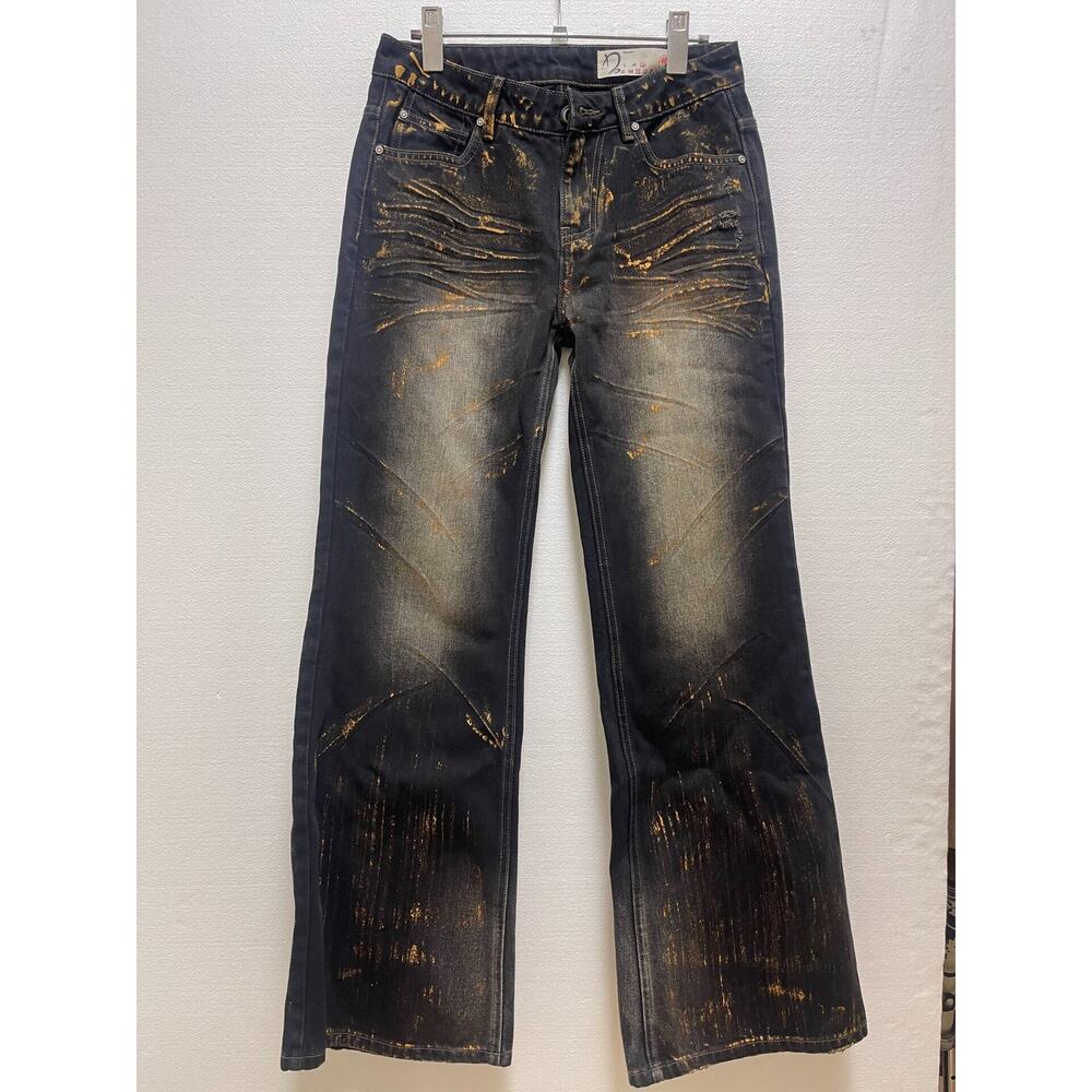 Vintage Japanese Brand Faded Wash Lowrise Bootcut Denim Jeans Black Gold size 30